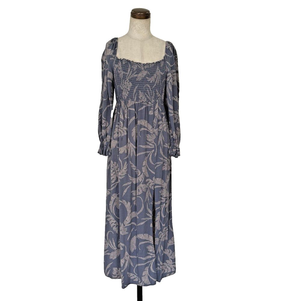 NLT Made In USA Smocked Maxi Dress Blue Floral Square Neck Long Sleeve Rayon S